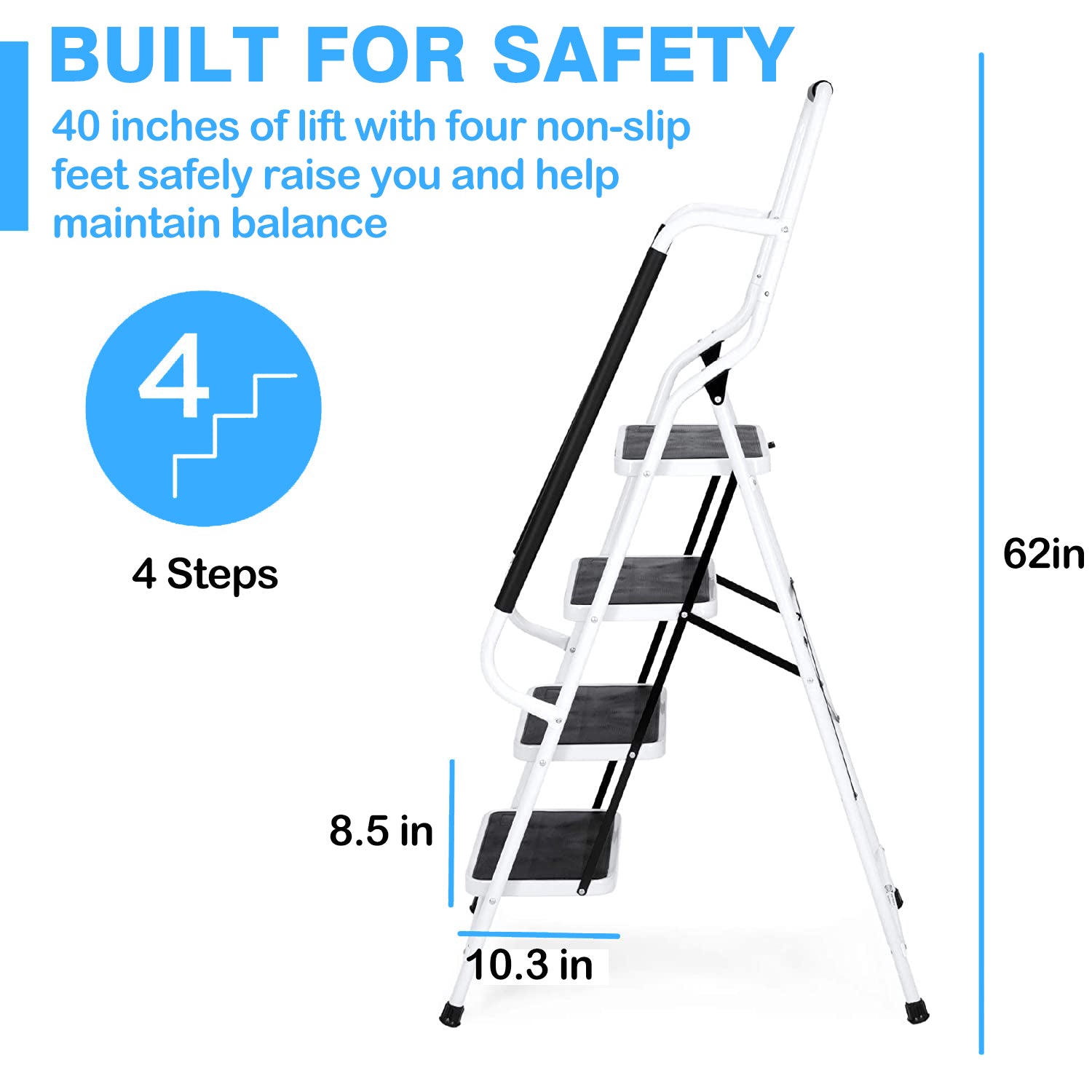 手すり付きプログレードの4段スチールステップスツール