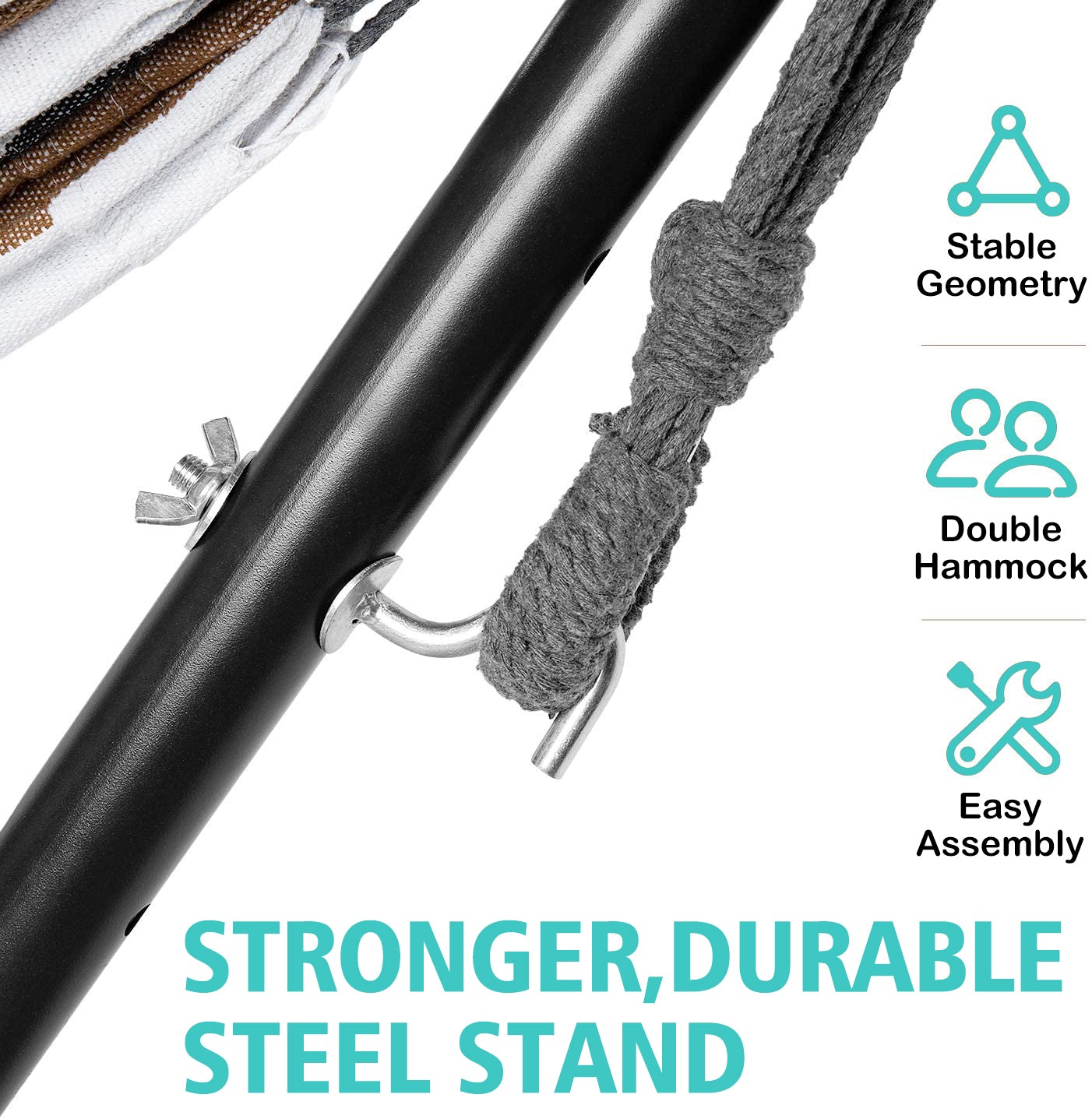 10 フィートの布製コットン ハンモック ベッド、省スペース スチール スタンド付き、ブラウン ストライプ (耐荷重 450 ポンド、キャリーバッグ付属)