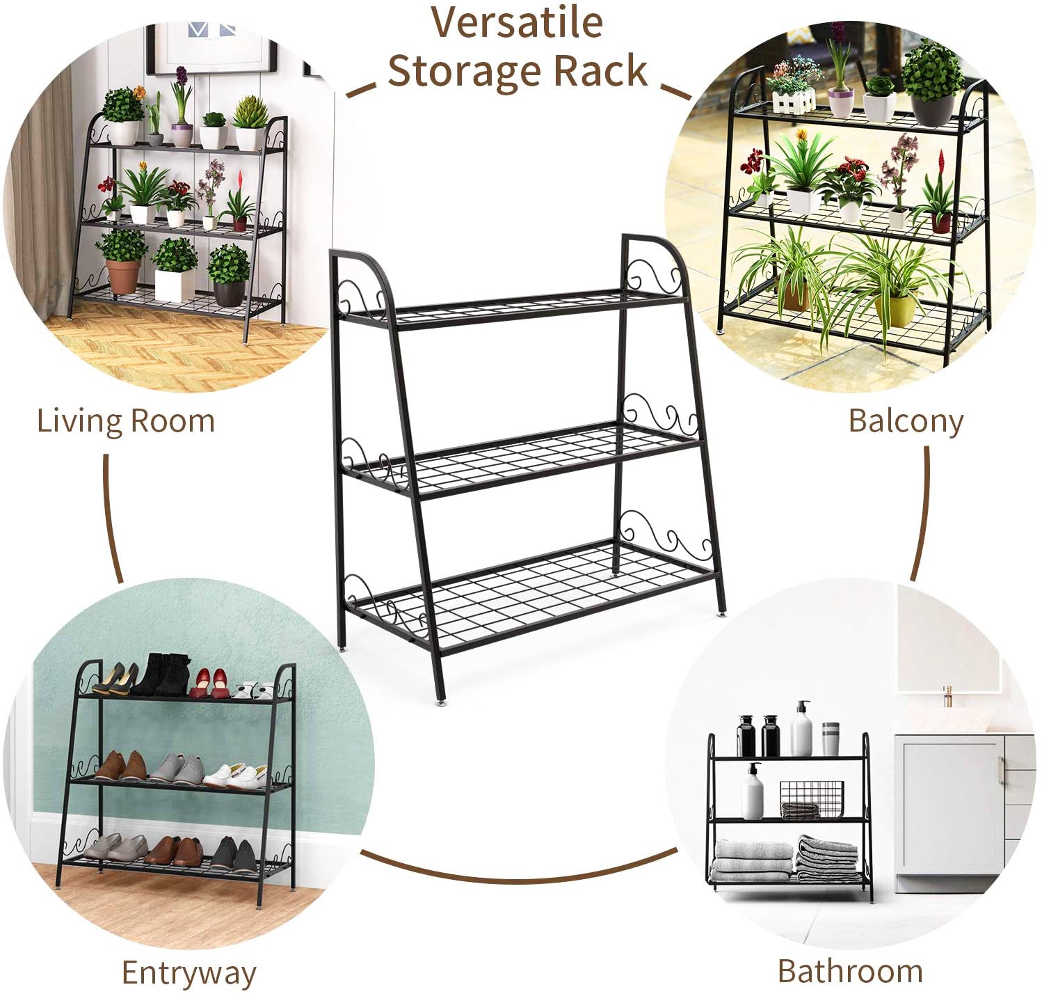 高さ 32 インチ 屋内/屋外用 ブラック メタル プラント スタンド (3 段)