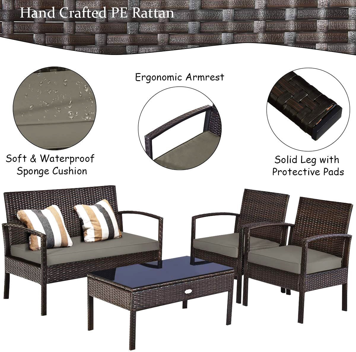 4ピース ウィッカー アウトドア パティオ コンビネーション セット タン クッションとコーヒーテーブル付き