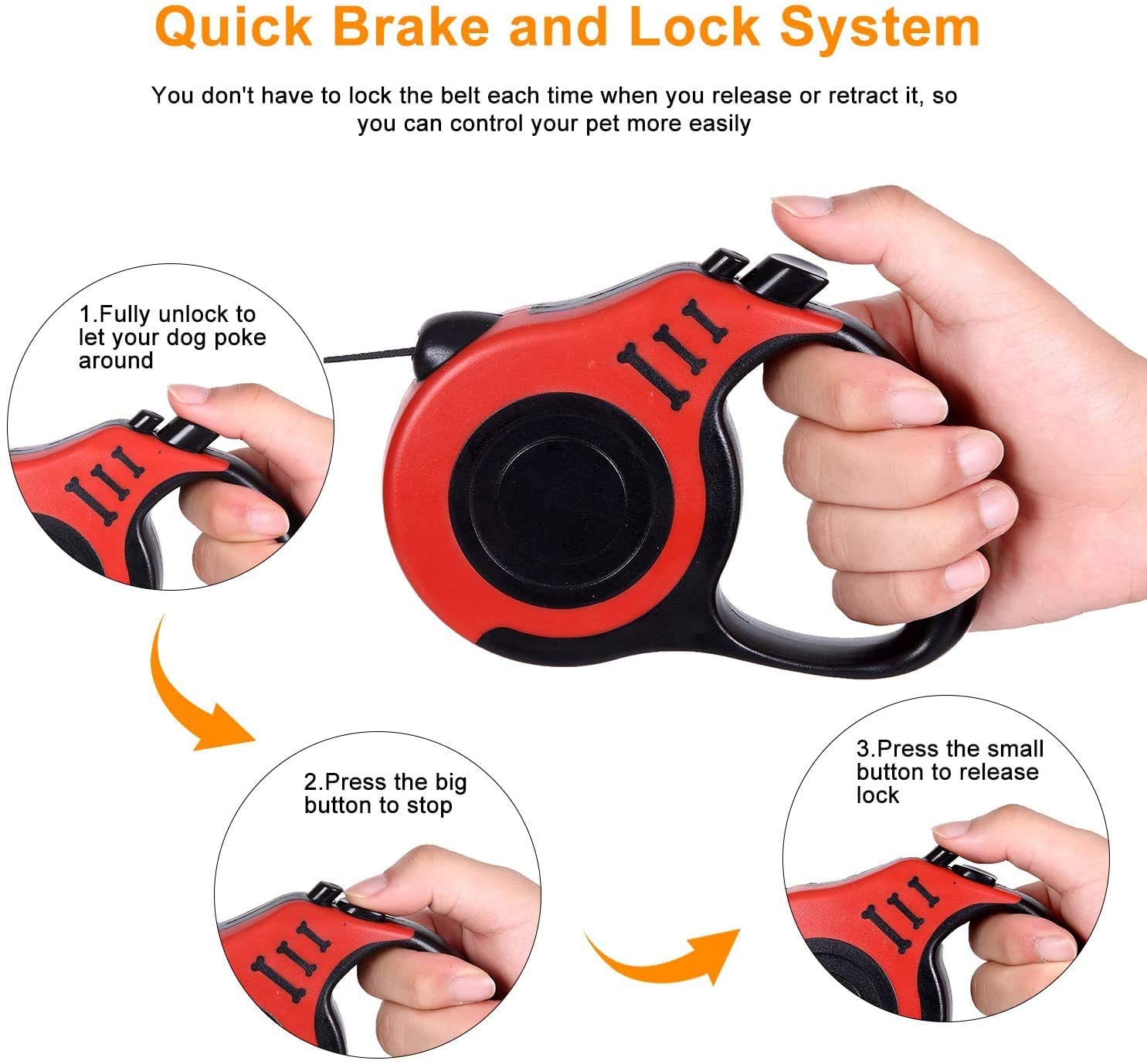 伸縮式犬用リード、滑り止めハンドル付きペット用ウォーキングリード、丈夫なナイロンテープ、もつれ防止、片手ワンボタンロック&リリース、小型中型犬猫に最適、16フィート、レッド