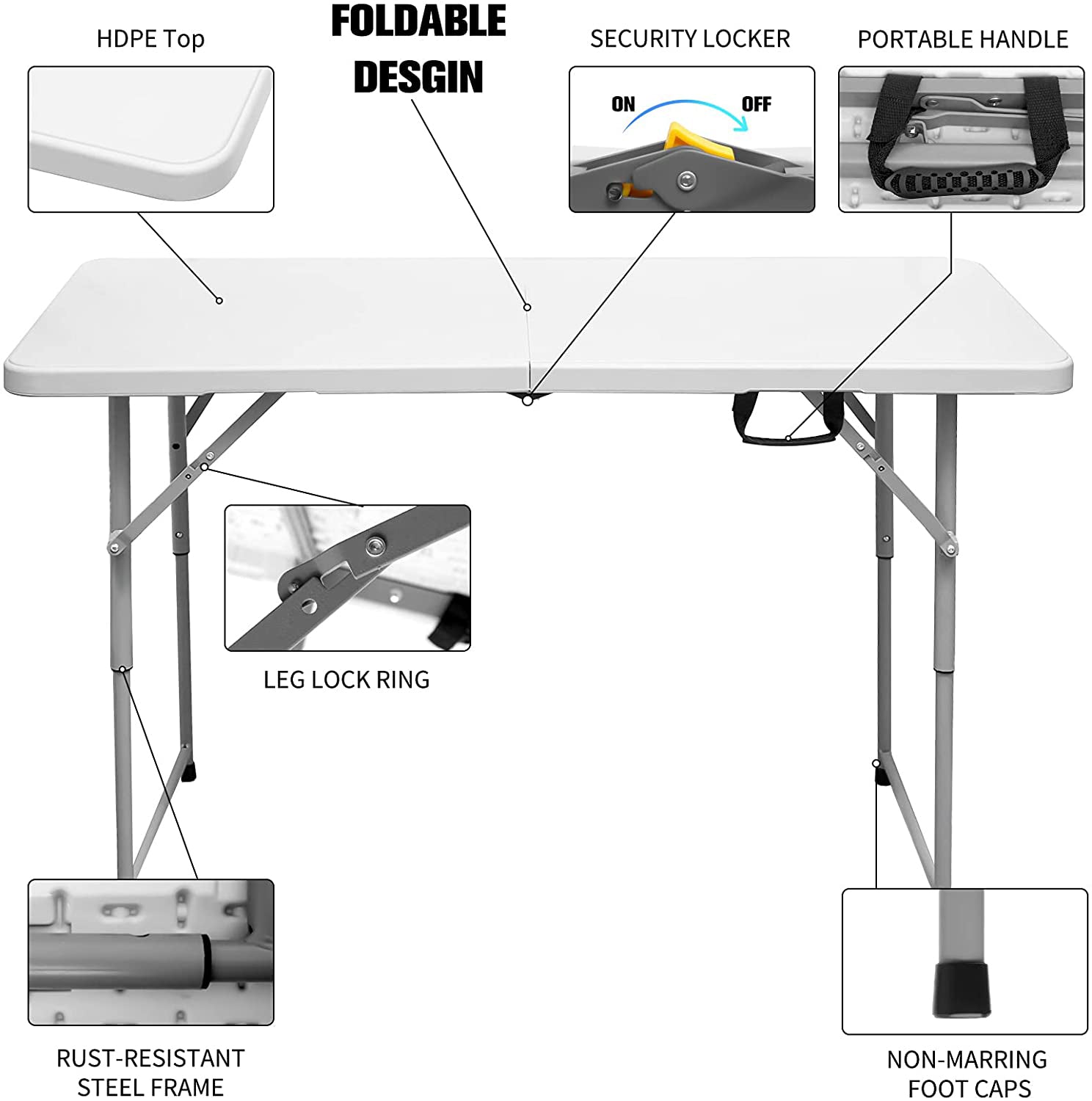 4フィート ホワイト 高さ調節可能 半分に折りたためる プラスチック 屋外用 ピクニック折りたたみテーブル