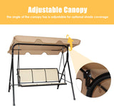 3人用ブラウンメタル屋外パティオスイングチェア、丈夫なテキスタイルシート付き