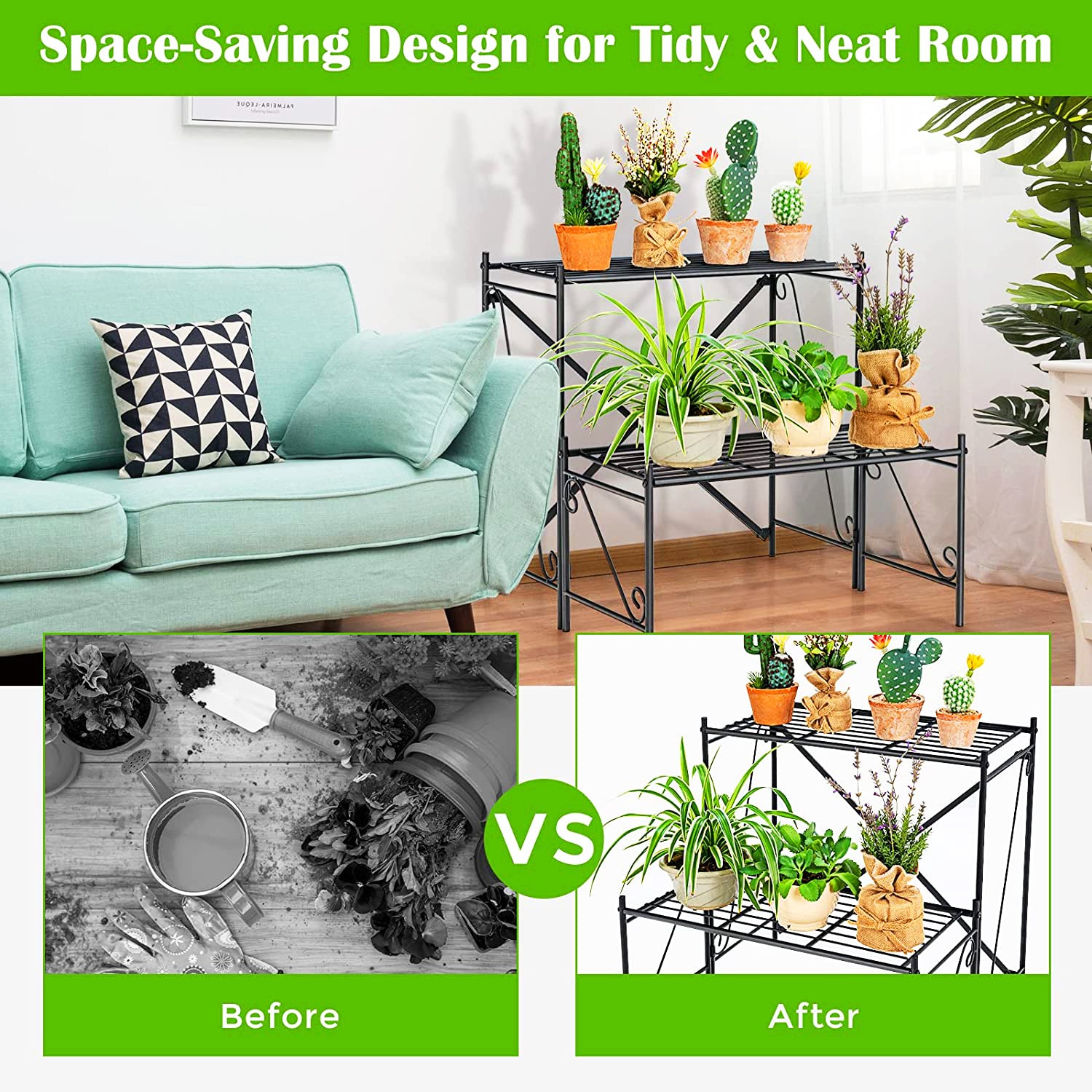 高さ24インチの屋外用ブラックメタルプラントスタンド(2段式)