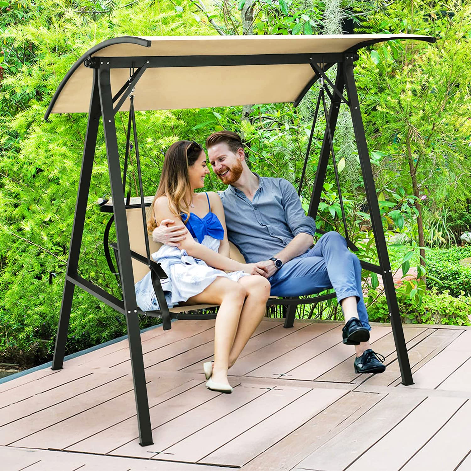 2人用金属製屋外パティオスイングチェア、耐候性グライダーと調節可能なキャノピー付き、ベージュ