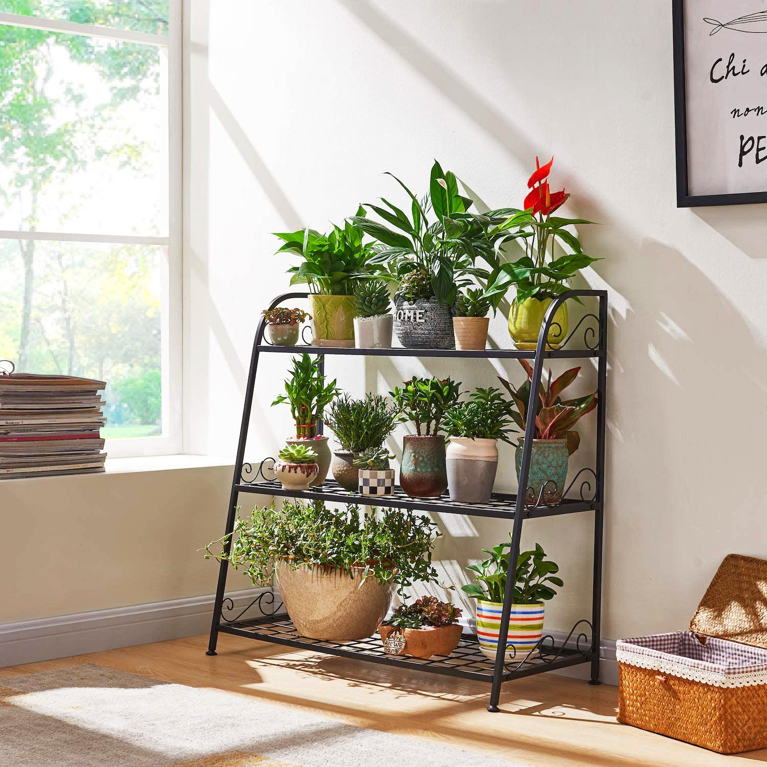 高さ 32 インチ 屋内/屋外用 ブラック メタル プラント スタンド (3 段)