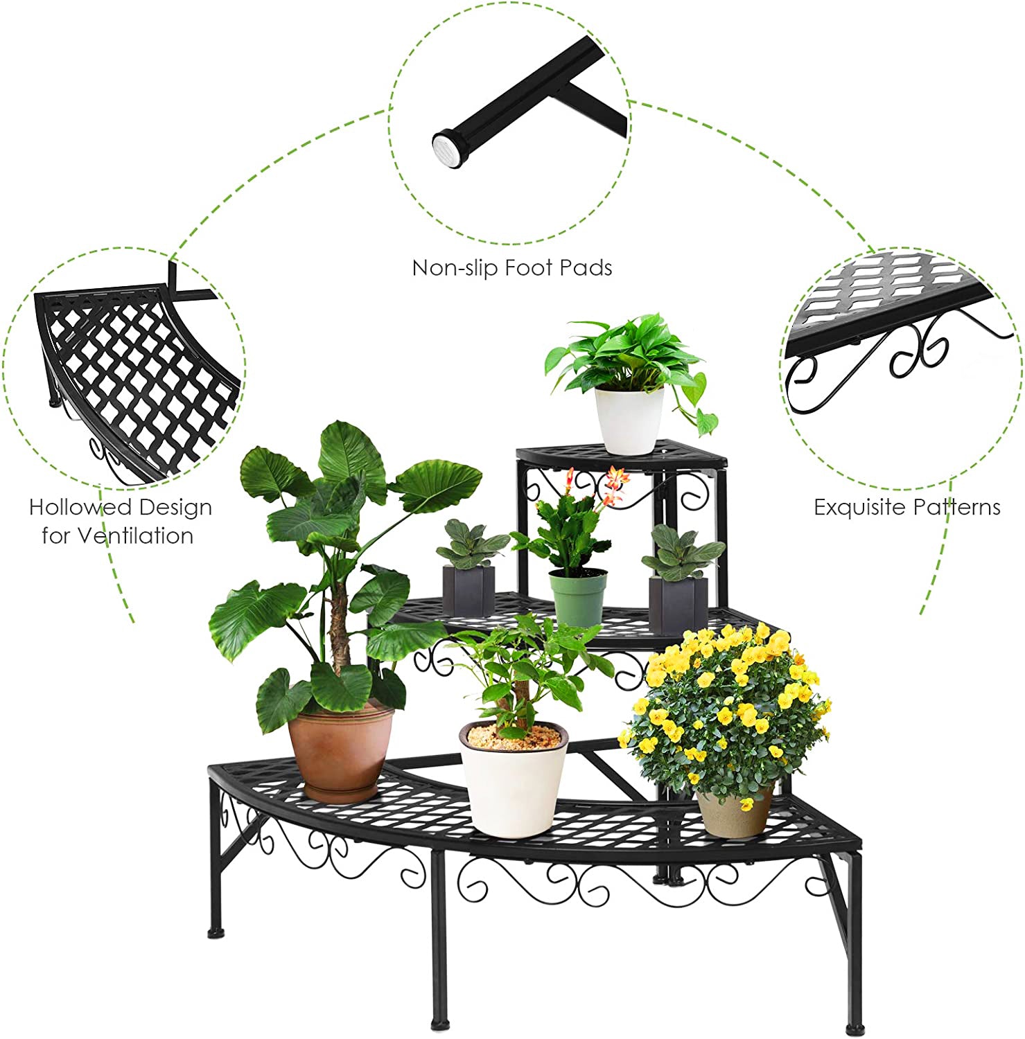 高さ24インチ 屋内/屋外用 ブラックメタルプラントスタンド(3段)