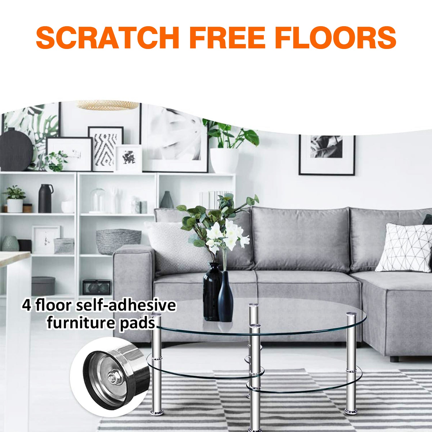 35インチ シルバー ミディアム オーバル ガラス コーヒー テーブル 棚付き