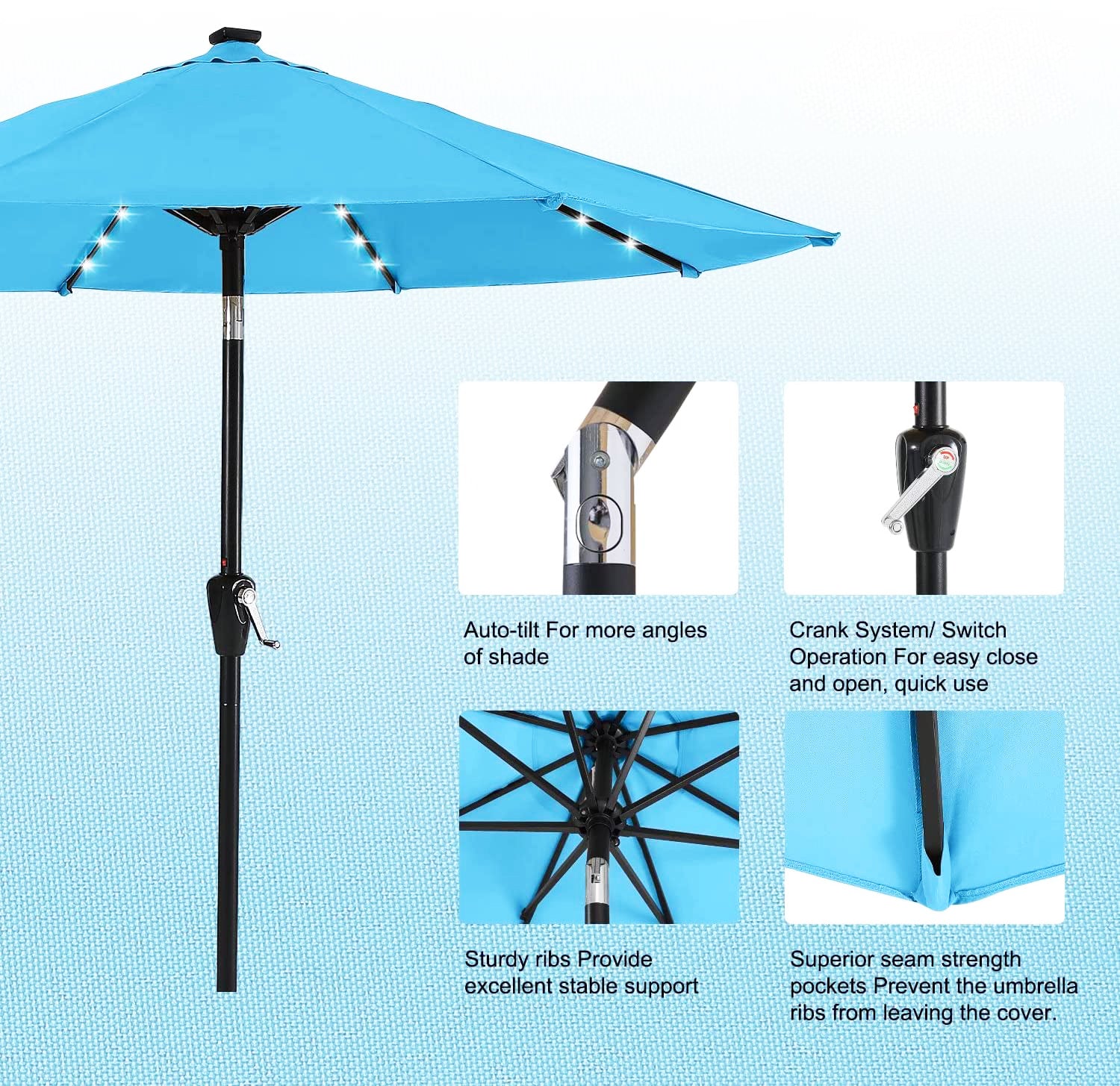 10 フィート スチール マーケット ティルト パティオ アンブレラ クランクとソーラー LED 付き ターコイズ