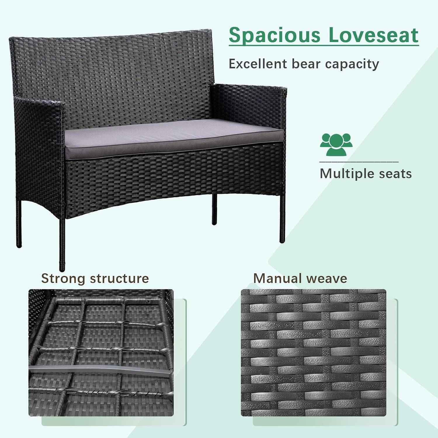 スチール製屋外パティオ用ウィッカーコンバクションセット 4点 ベージュクッション付き