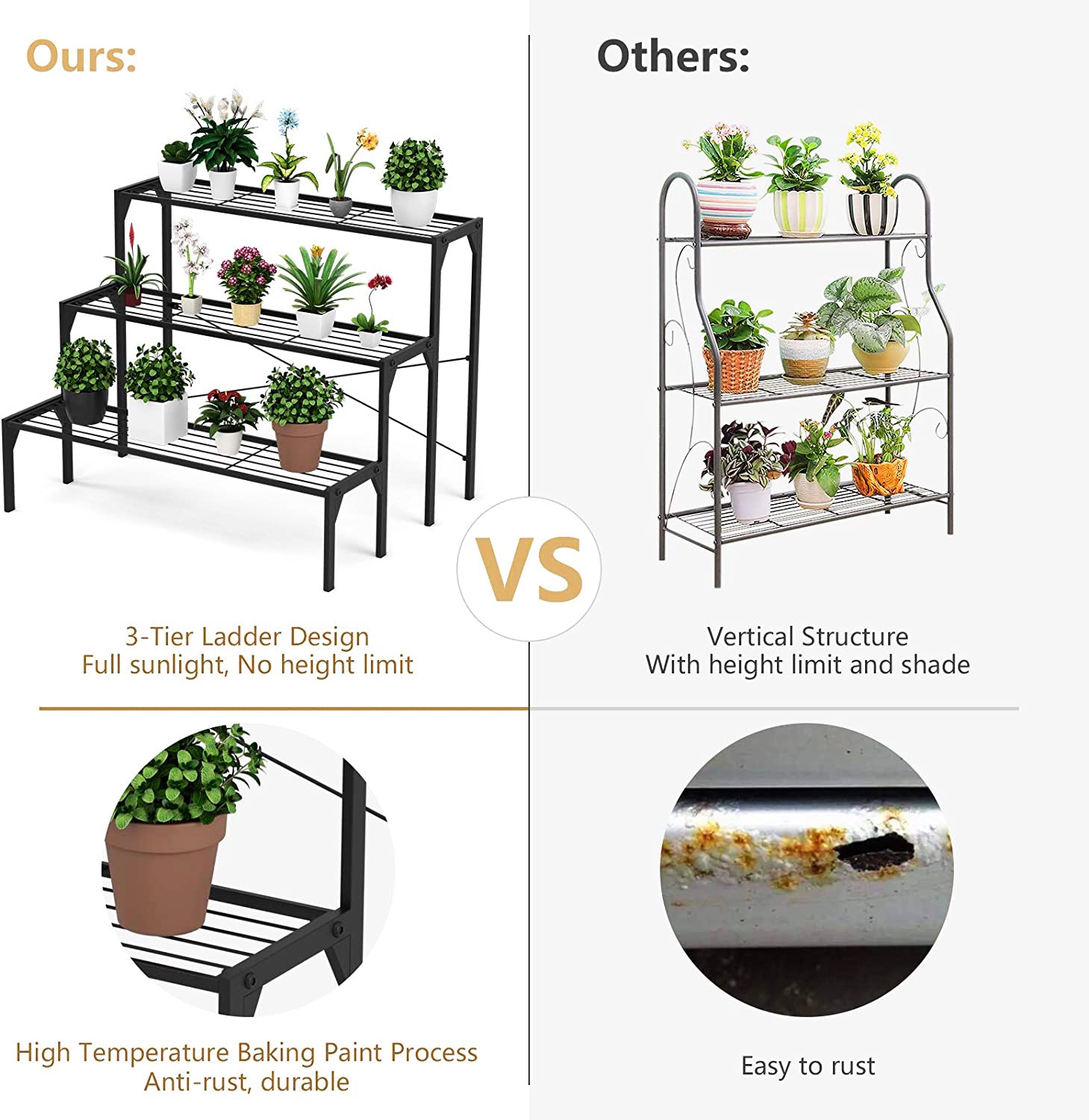 高さ26インチ 屋内/屋外用 ブラックメタルプラントスタンド(3段)