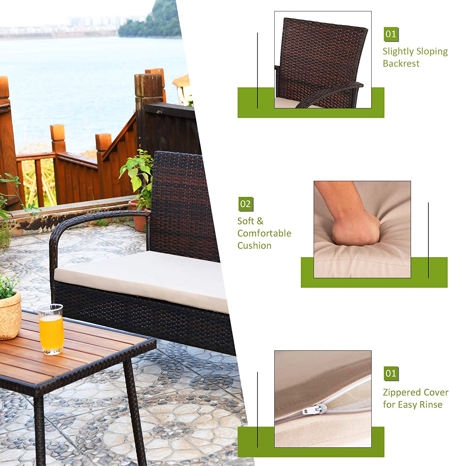 ウィッカー製屋外パティオ会話用座席セット 4点セット ベージュクッションとコーヒーテーブル付き