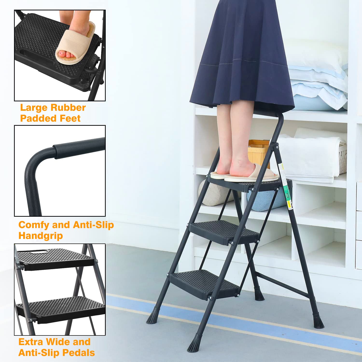 3段プログレードスチールステップスツール、330ポンドの耐荷重、タイプIAデューティ定格