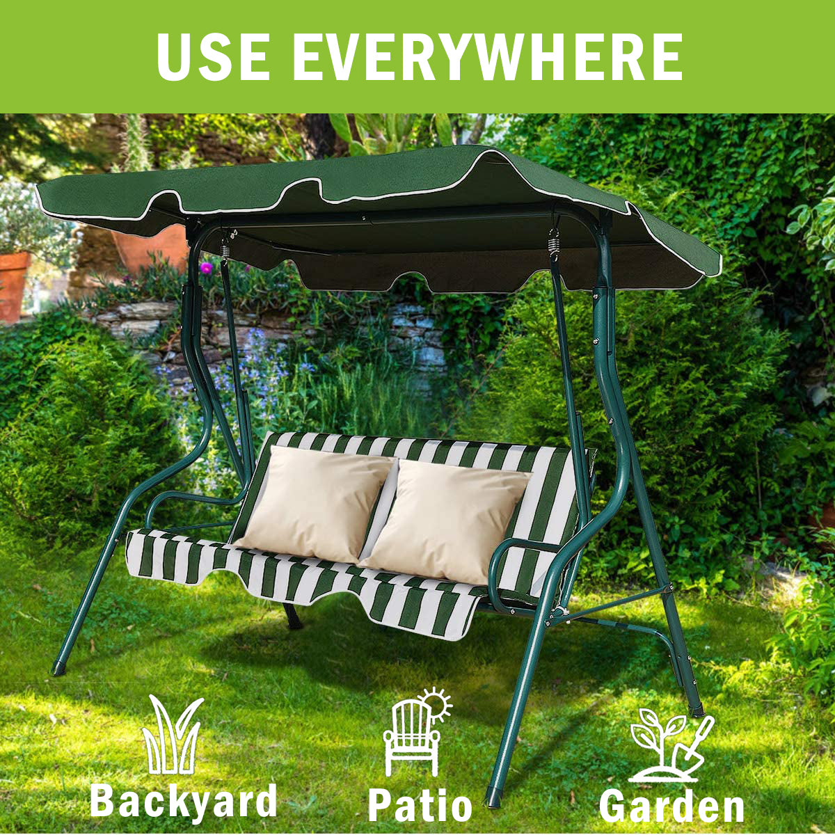 取り外し可能なクッションとコーティングされたスチールフレームを備えた3人用屋外パティオスイングチェア