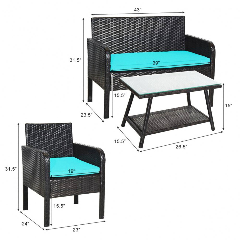 4ピース ウィッカー アウトドア パティオ 会話用座席セット ブルー クッションとコーヒーテーブル付き