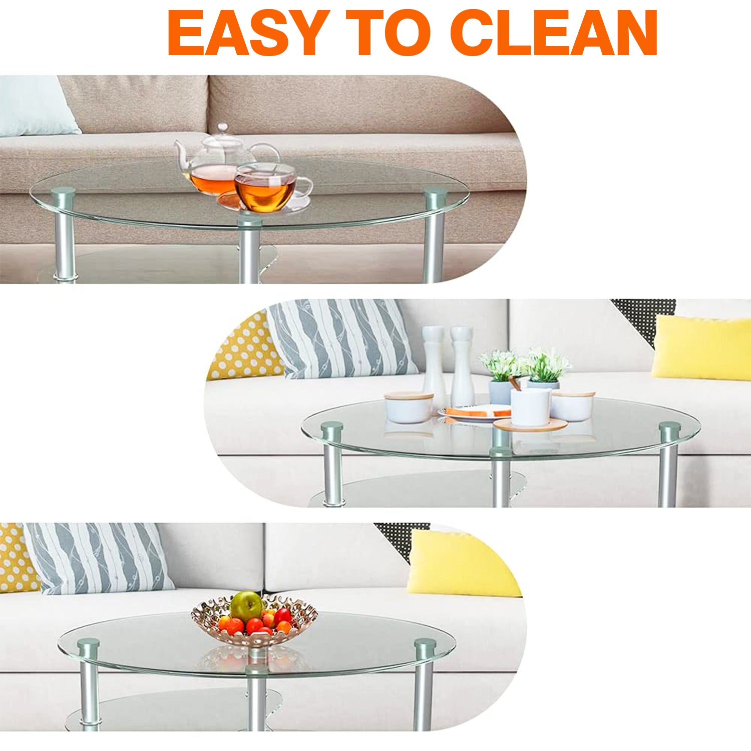 35インチ シルバー ミディアム オーバル ガラス コーヒー テーブル 棚付き