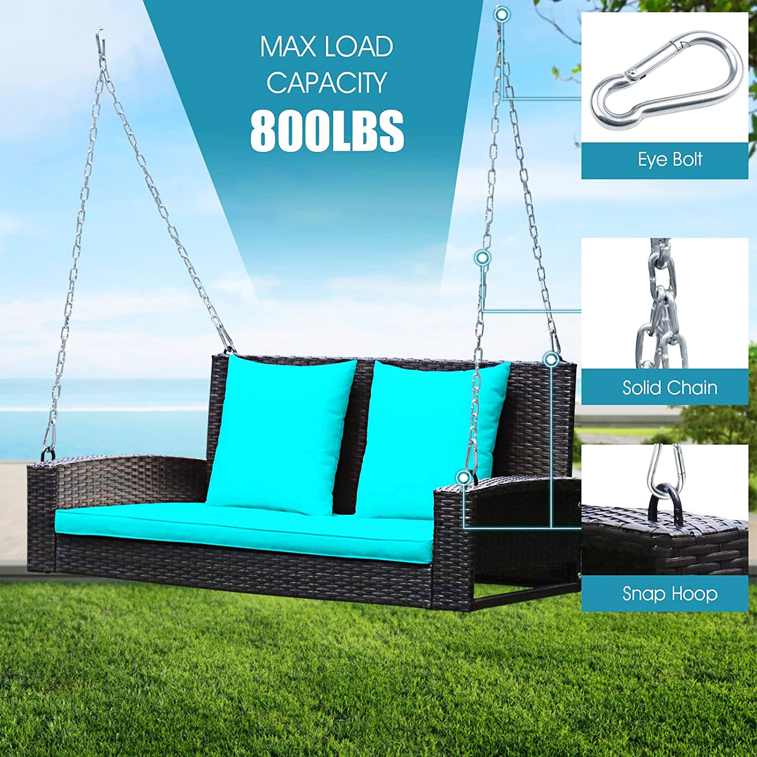 2人用ブラックスチールパティオスイング、ターコイズクッション付き