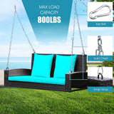 2人用ブラックスチールパティオスイング、ターコイズクッション付き