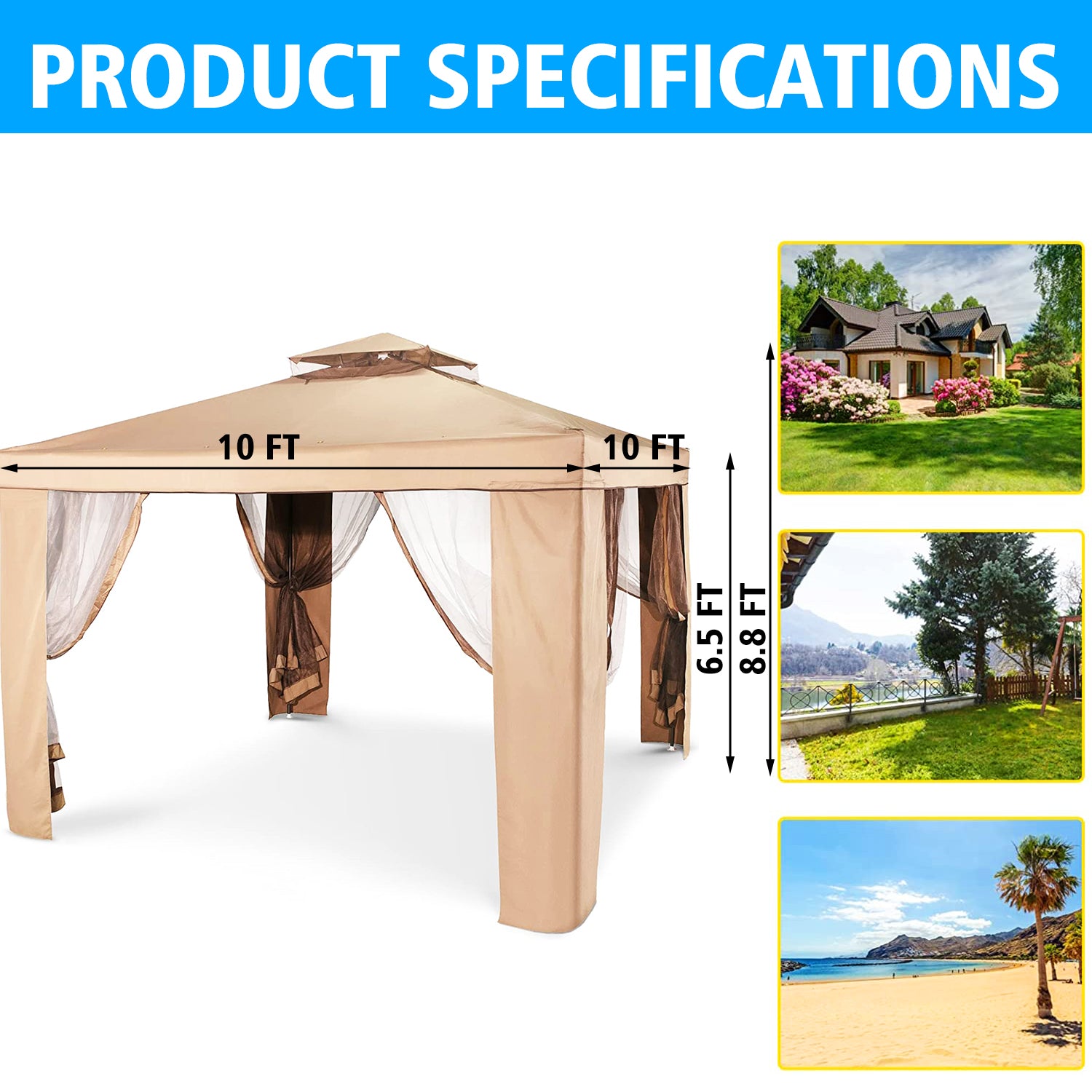 10フィート x 10フィート ポップアップインスタントガゼボテント 蚊帳付き 屋外キャノピーシェルター