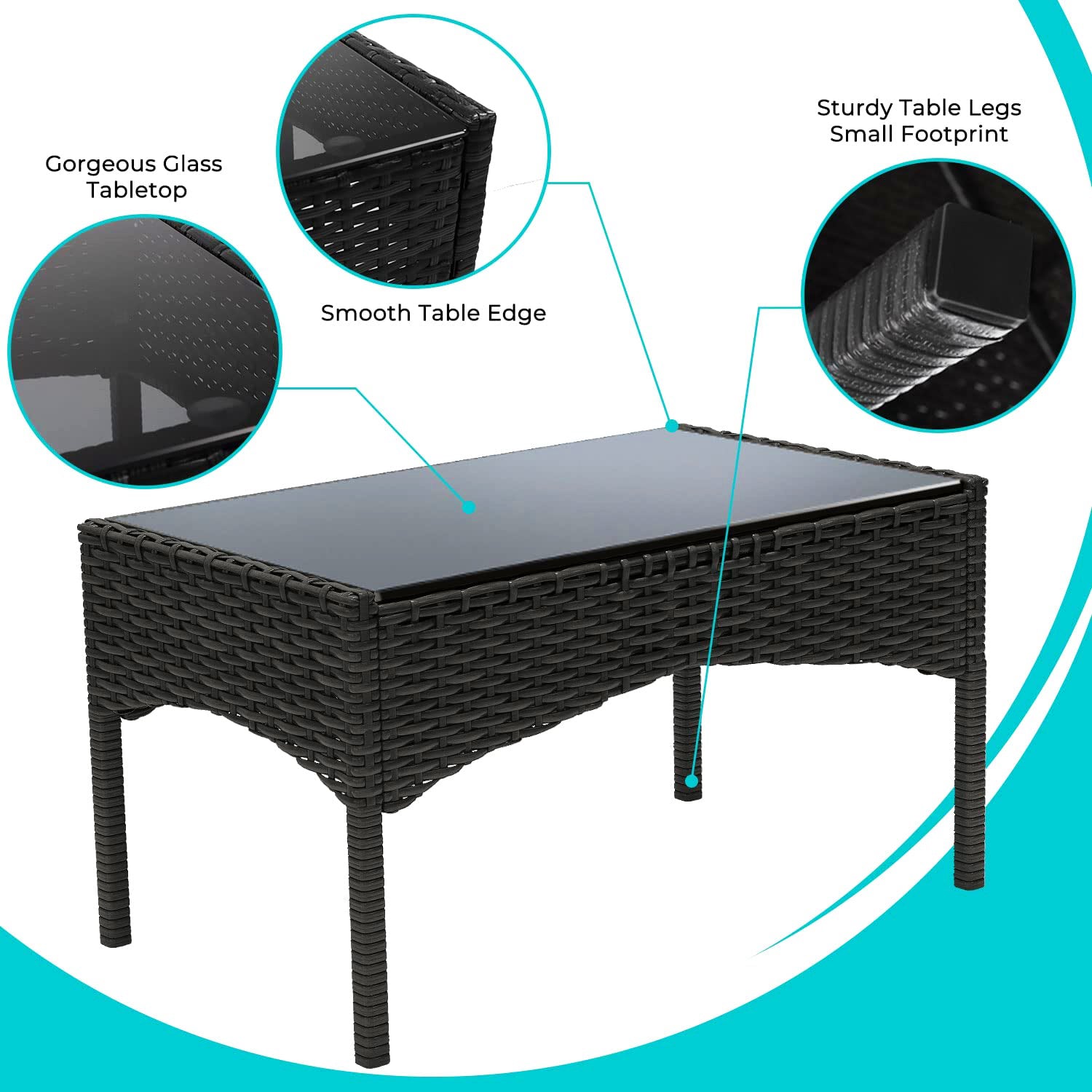 4ピースのウィッカー製屋外パティオ会話用座席セット、白いクッションとコーヒーテーブル付き