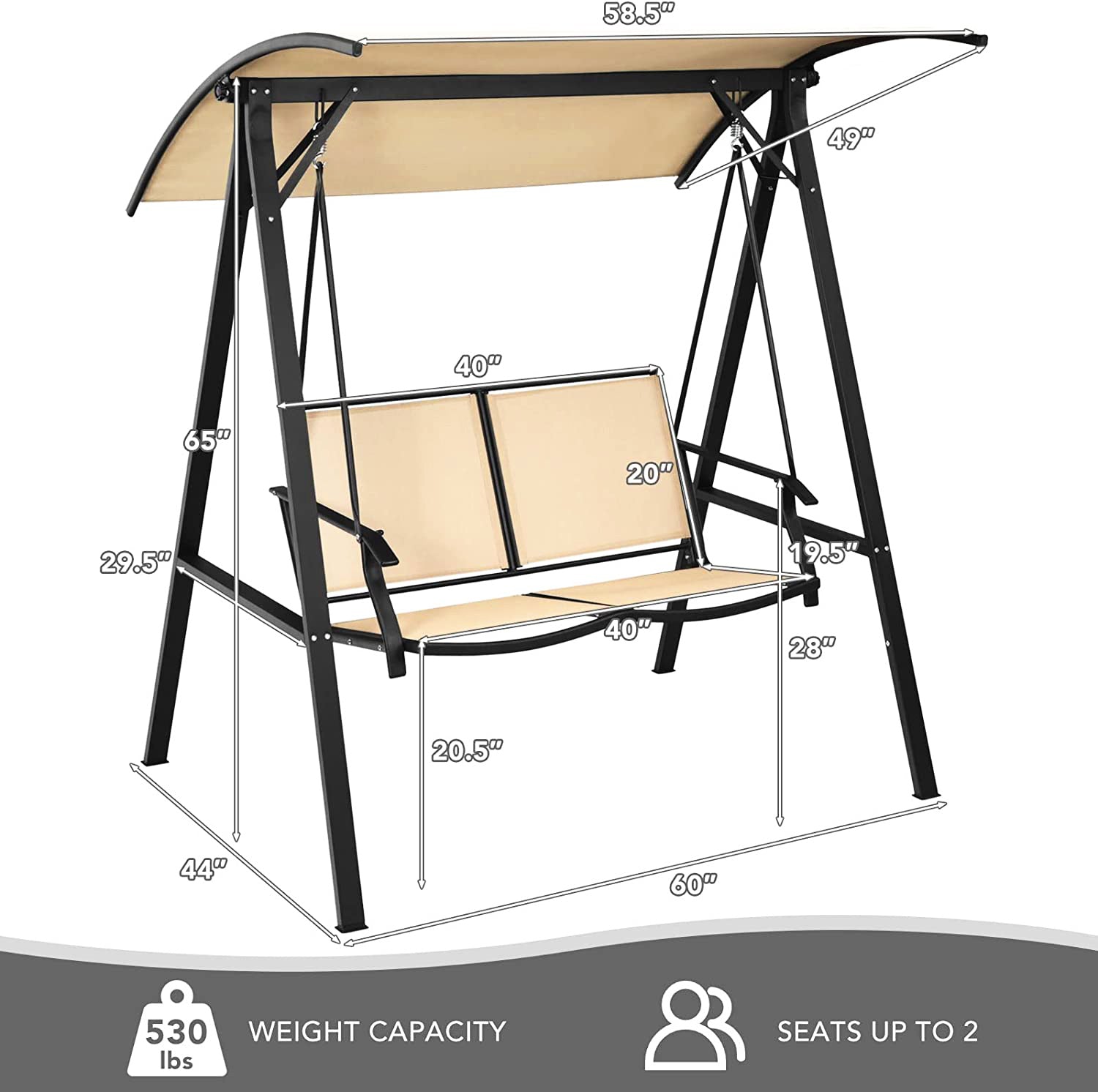 2人用金属製屋外パティオスイングチェア、耐候性グライダーと調節可能なキャノピー付き、ベージュ