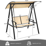 2人用金属製屋外パティオスイングチェア、耐候性グライダーと調節可能なキャノピー付き、ベージュ