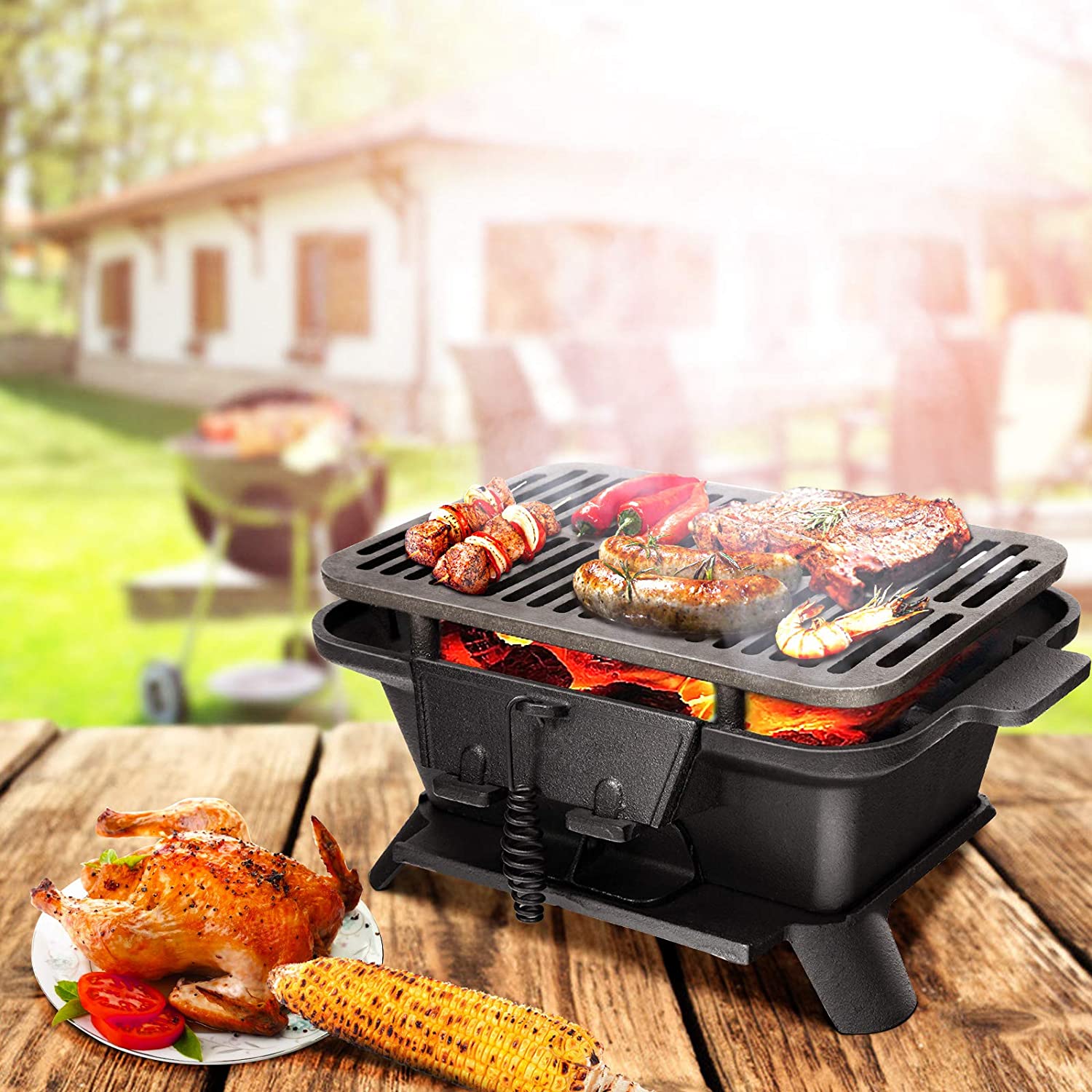 Heavy-Duty Portable Cast Iron Charcoal Grill in Black