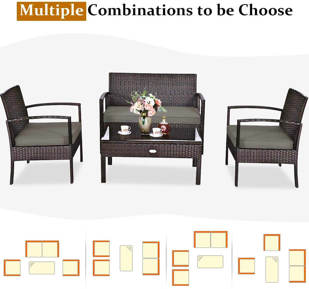 4ピース ウィッカー アウトドア パティオ コンビネーション セット タン クッションとコーヒーテーブル付き