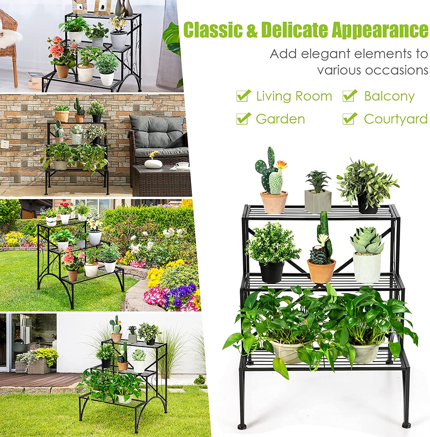 高さ27インチの屋外用ブラックメタルプラントスタンド(3段)