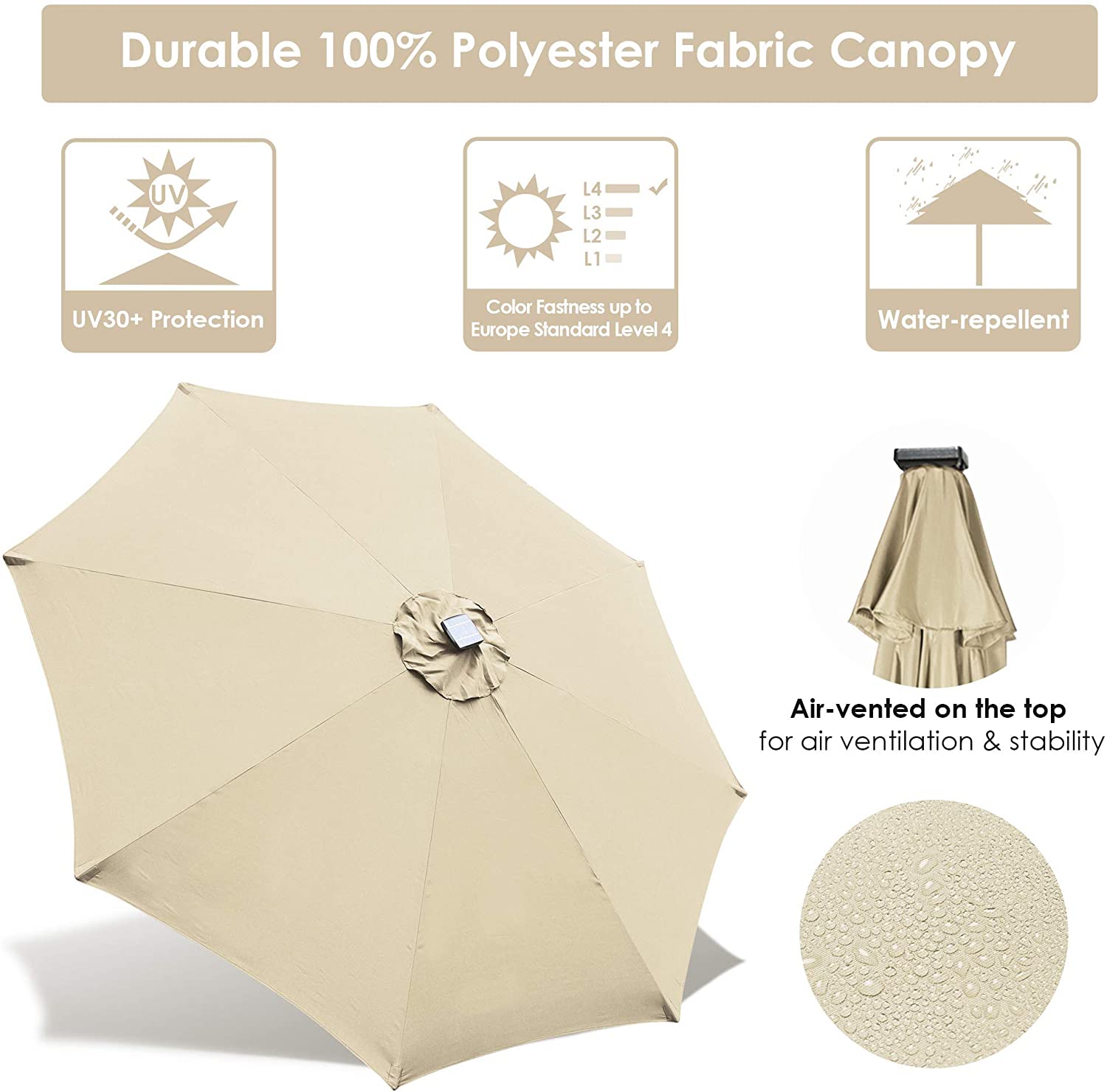 10 フィート スチール マーケット ティルト パティオ アンブレラ クランクとソーラー LED 付き タン