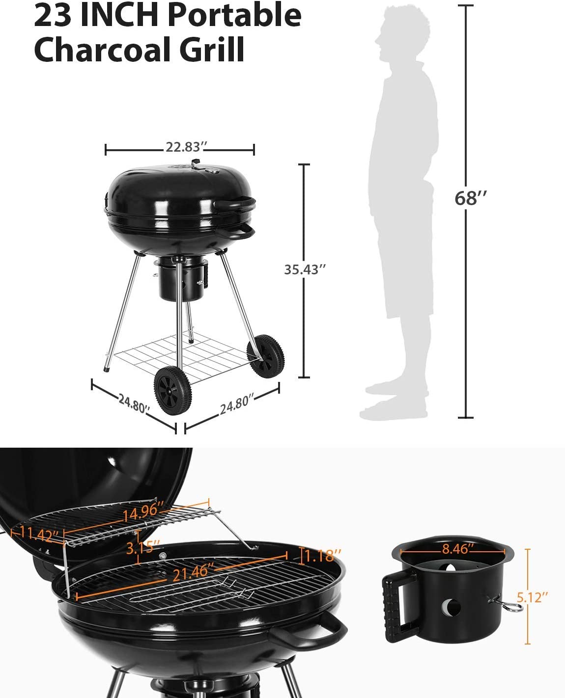 22インチ オリジナル ケトル プレミアム チャコールグリル ブラック 温度計内蔵