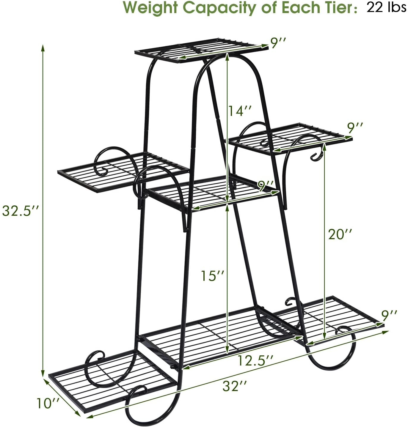 高さ32.5インチ 屋内/屋外用 ブラックメタルプラントスタンド(7段)