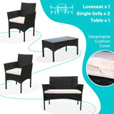 4ピースのウィッカー製屋外パティオ会話用座席セット、白いクッションとコーヒーテーブル付き