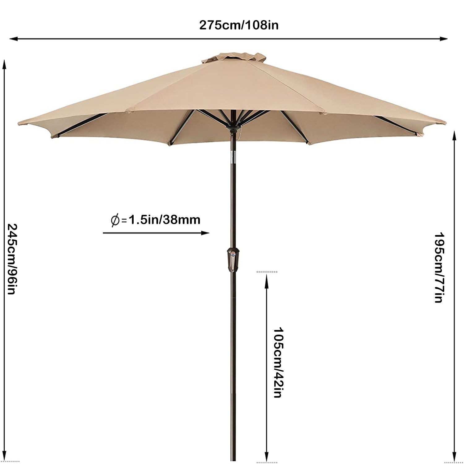 9 フィート マーケット アウトドア パティオ アンブレラ プッシュ ボタン チルト & クランク付き ベージュ