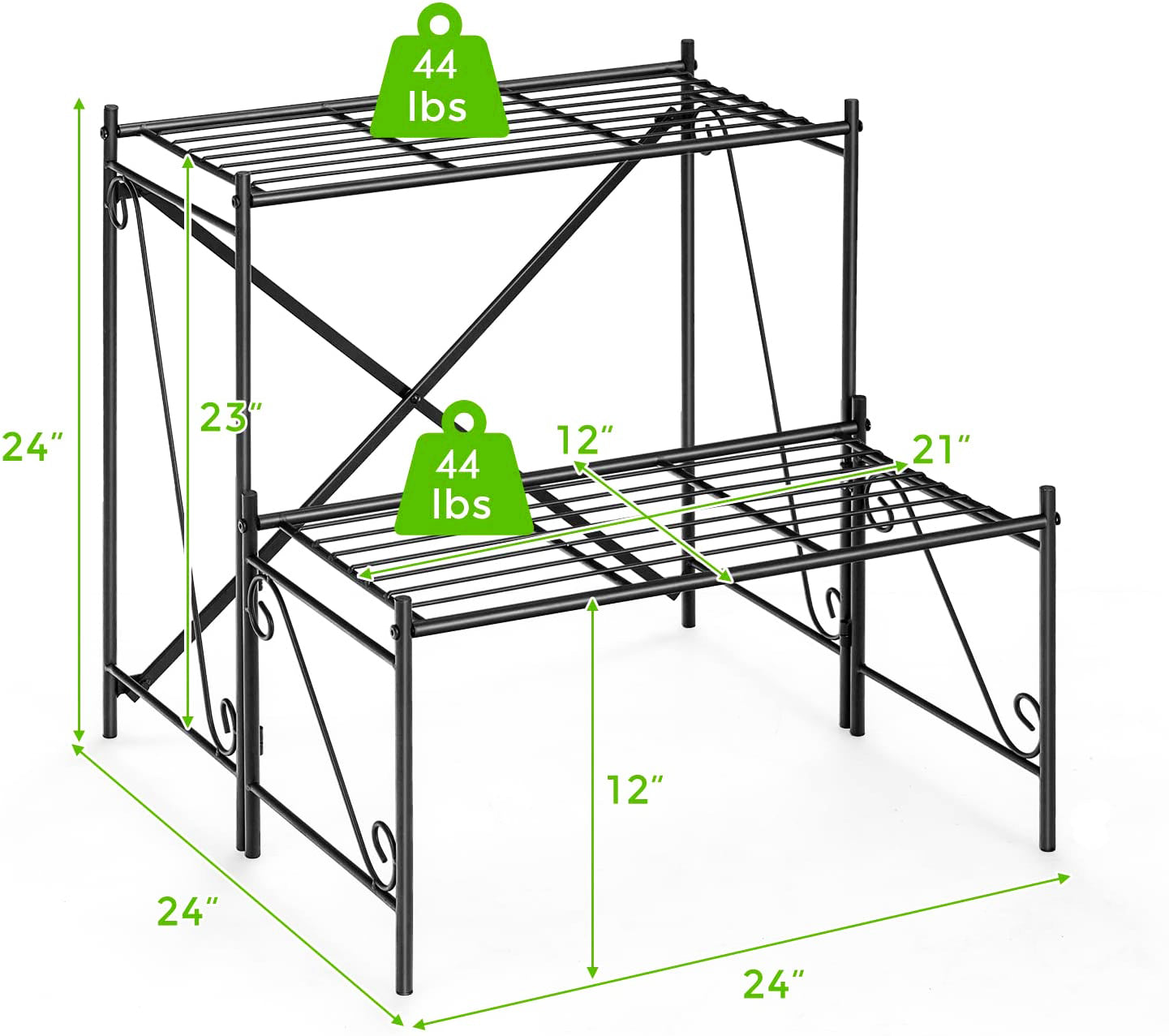 高さ24インチの屋外用ブラックメタルプラントスタンド(2段式)