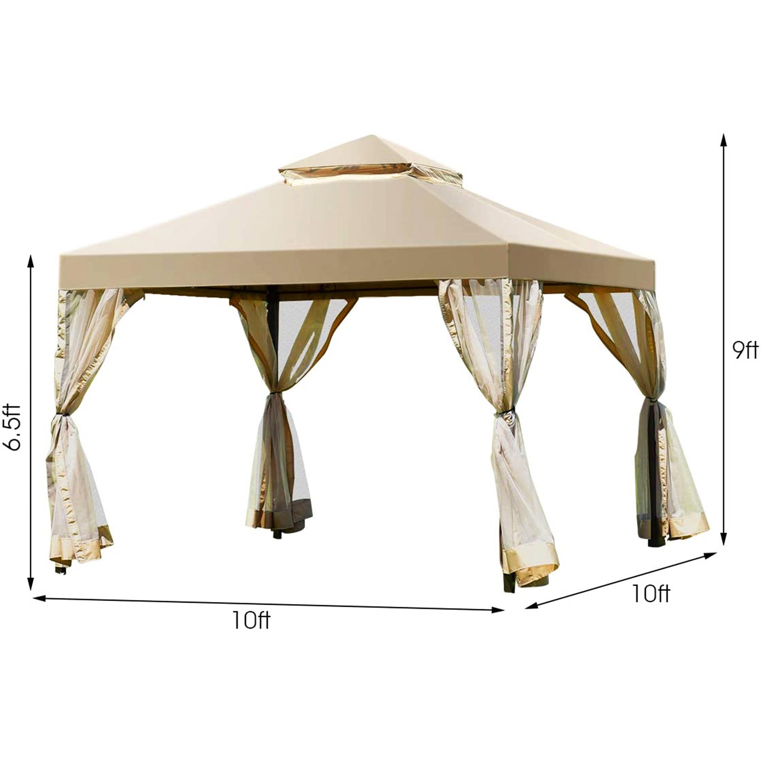 10 フィート x 10 フィート ベージュ 屋外パティオ ガゼボ キャノピー ポリエステル屋根とメッシュカーテン付き