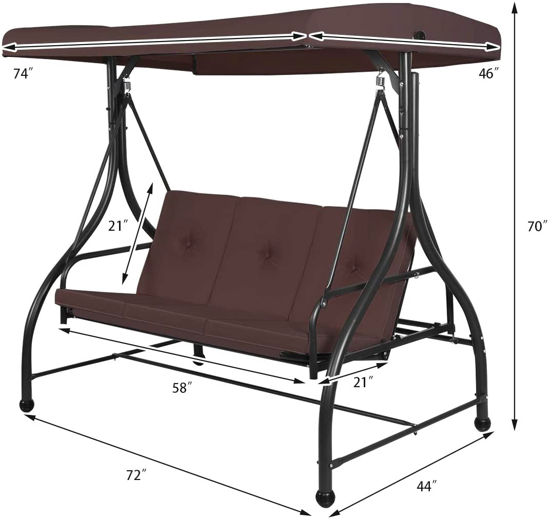 3人用スチール製屋外パティオスイング(キャノピー付き)
