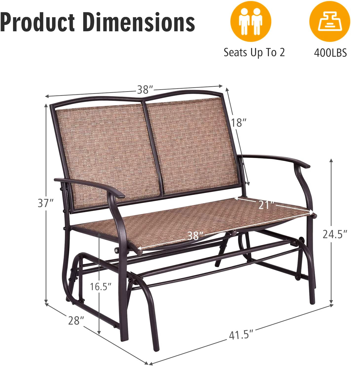 2人用ブラウンメタル屋外ベンチ