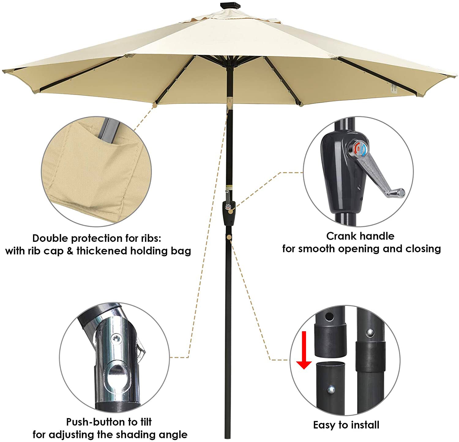 10 フィート スチール マーケット ティルト パティオ アンブレラ クランクとソーラー LED 付き タン