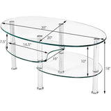 35インチ シルバー ミディアム オーバル ガラス コーヒー テーブル 棚付き