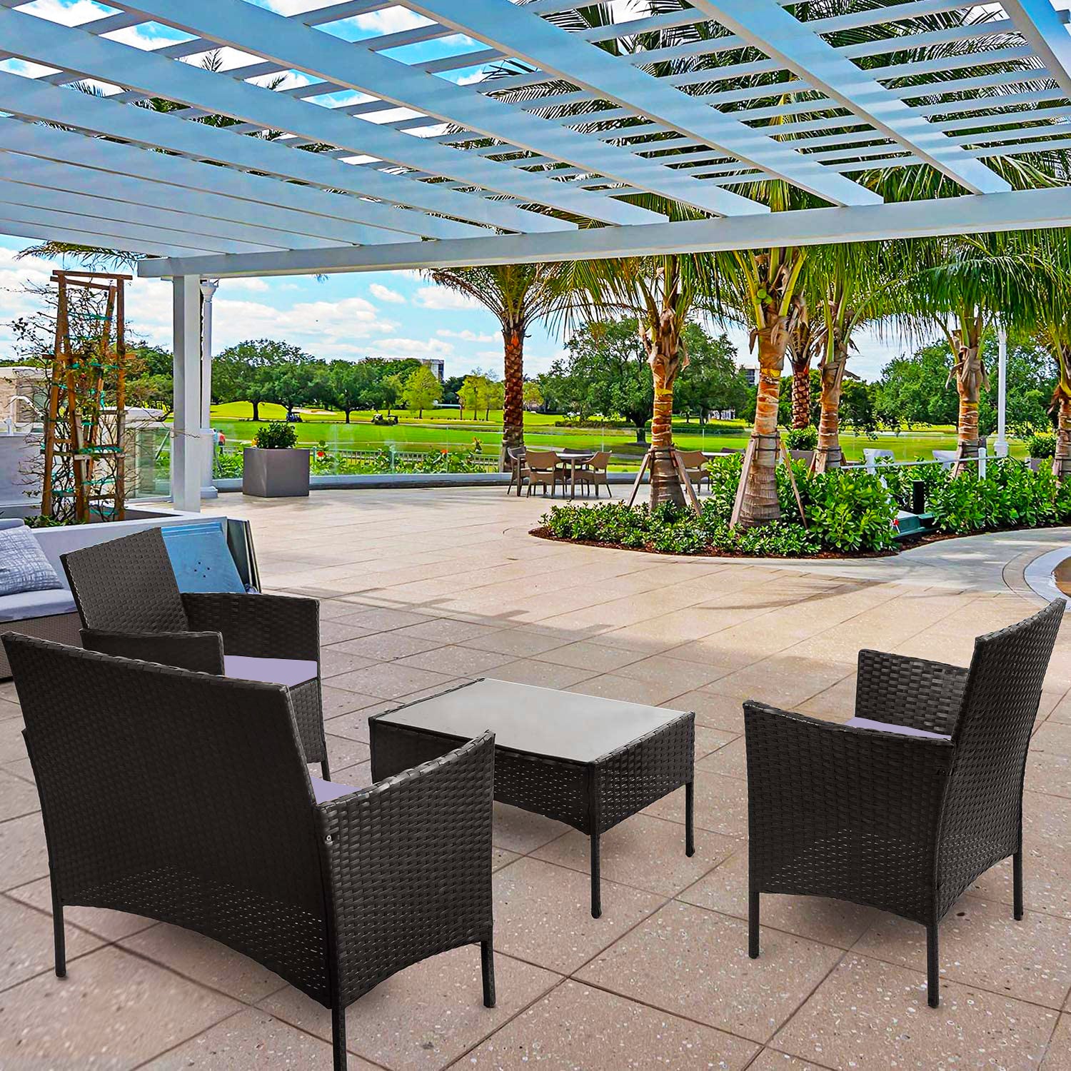 スチール製屋外パティオ用ウィッカーコンバクションセット 4点 ベージュクッション付き