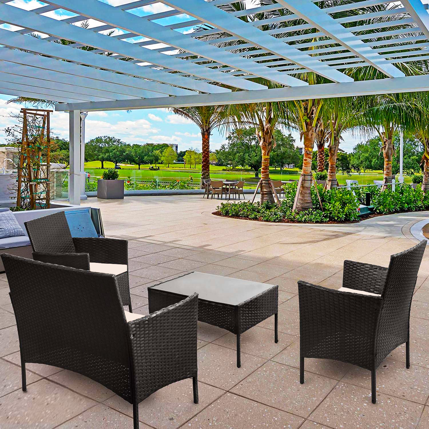 4ピース スチール製屋外パティオウィッカーコンバクションセット パープルクッション付き