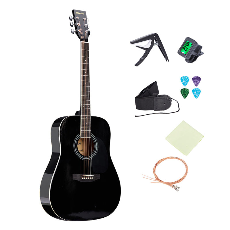 SKONYON 41インチ フルサイズ オールウッド アコースティックギター スターターキット ギグバッグ、Eチューナー、ピック、ストラップ、ラグ付き - ブラック