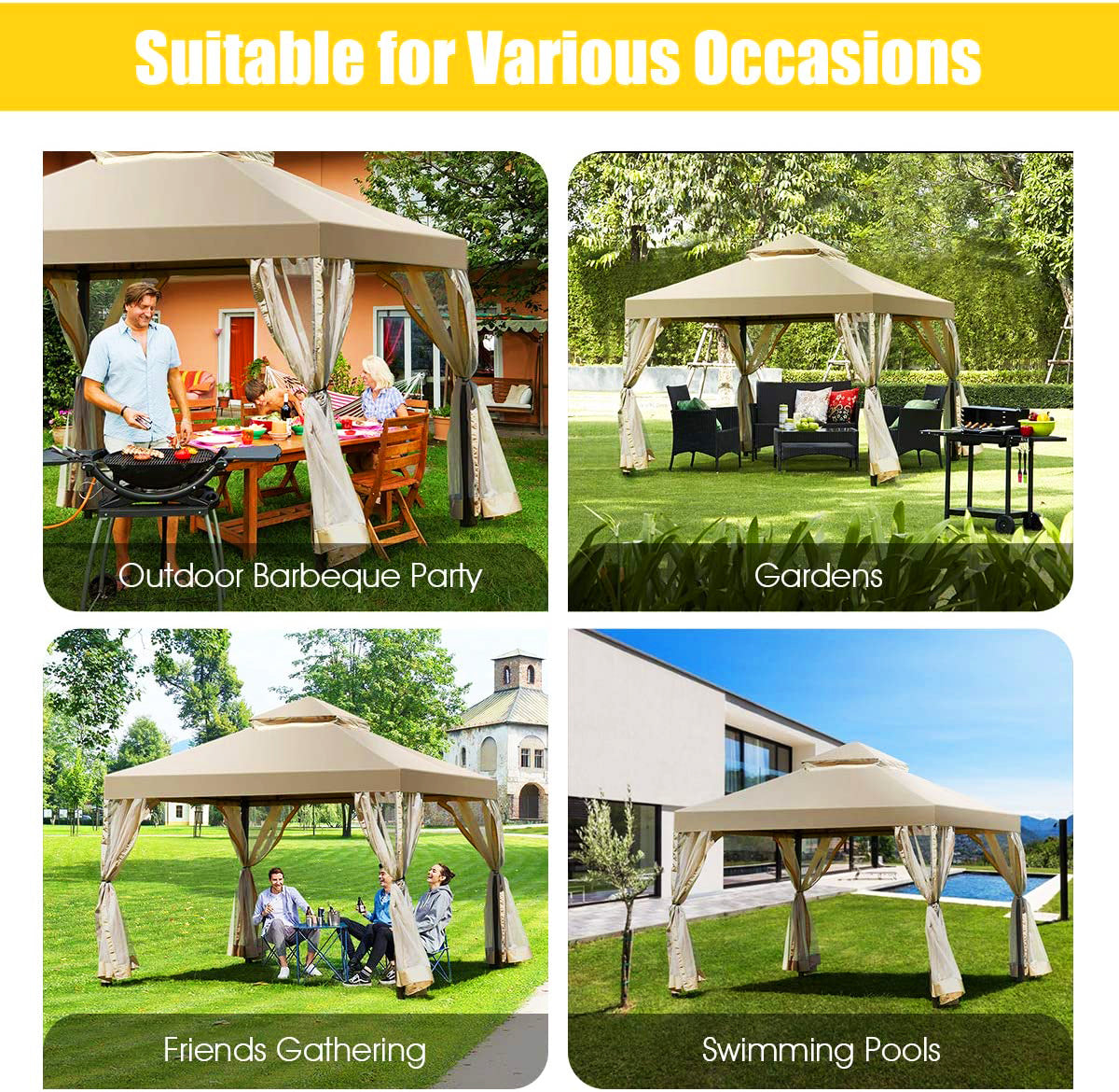 10 フィート x 10 フィート ベージュ 屋外パティオ ガゼボ キャノピー ポリエステル屋根とメッシュカーテン付き