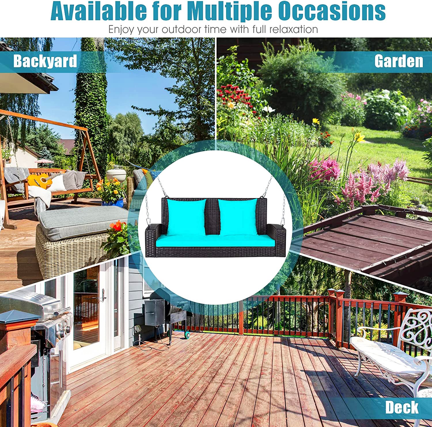 2人用ブラックスチールパティオスイング、ターコイズクッション付き