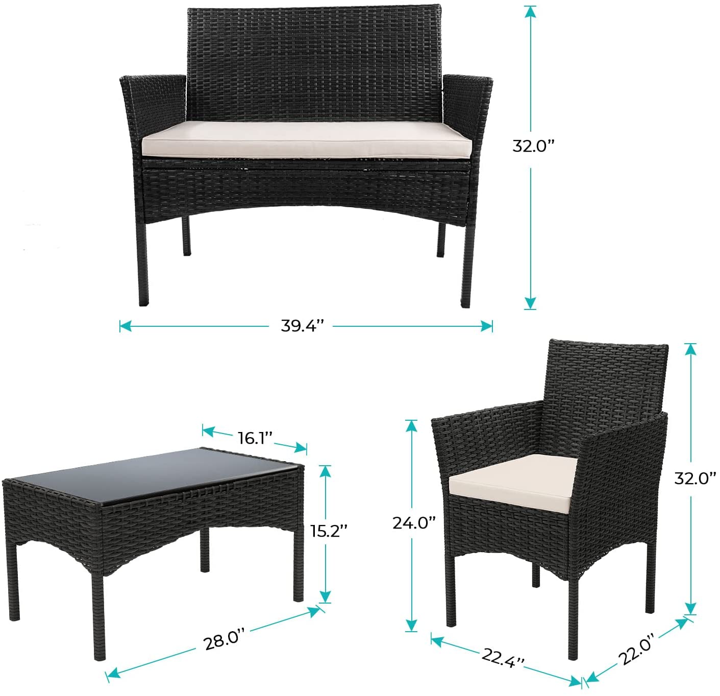 4ピースのウィッカー製屋外パティオ会話用座席セット、白いクッションとコーヒーテーブル付き