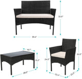 4ピースのウィッカー製屋外パティオ会話用座席セット、白いクッションとコーヒーテーブル付き