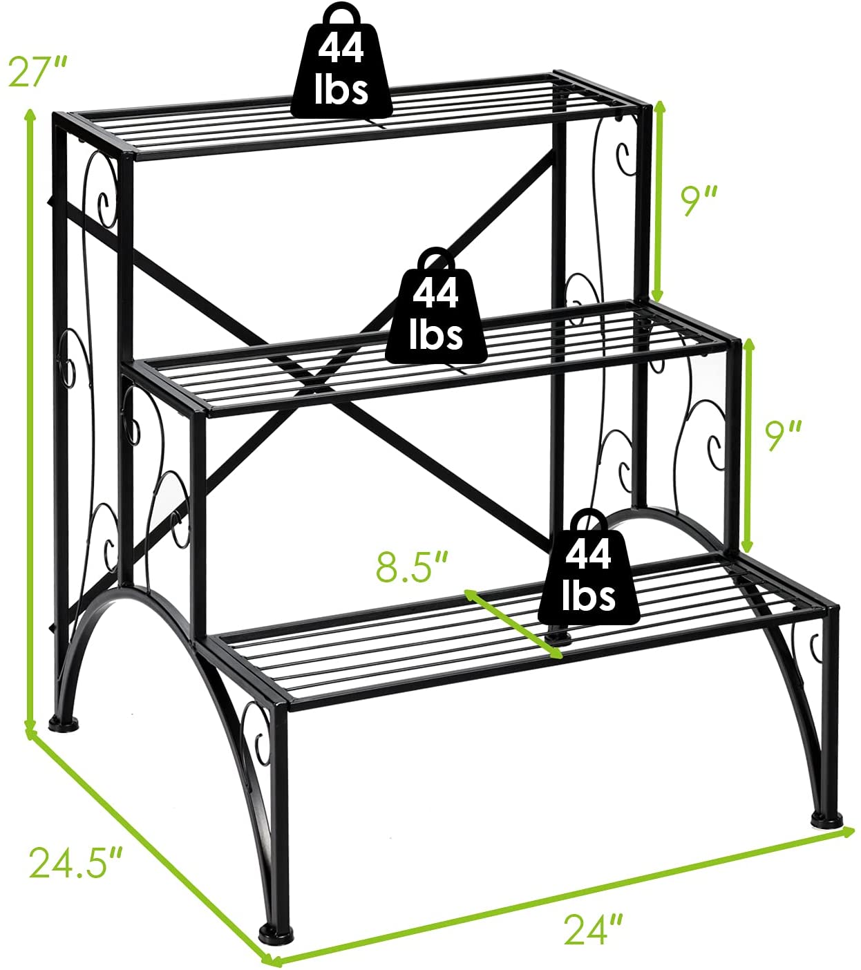 高さ27インチの屋外用ブラックメタルプラントスタンド(3段)