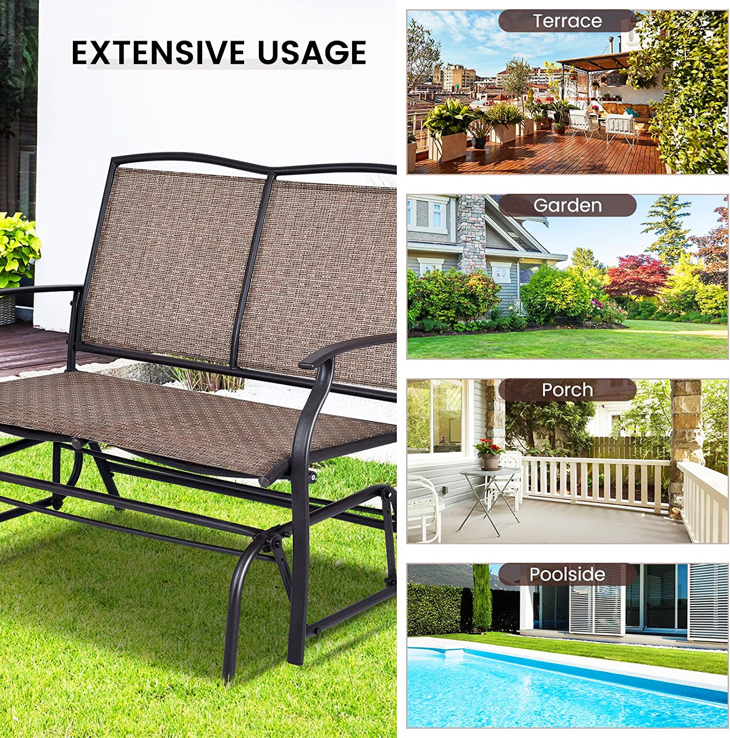 2人用ブラウンメタル屋外ベンチ