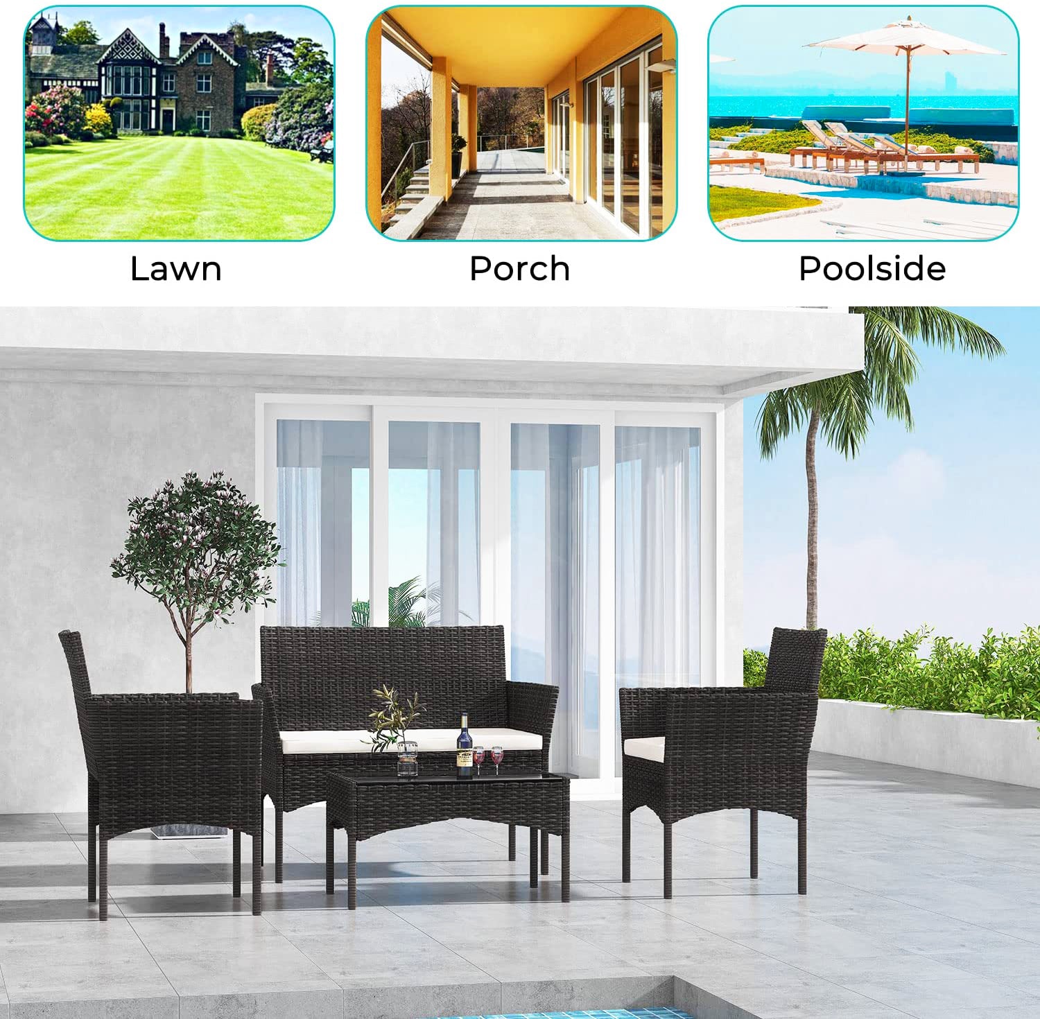 4ピースのウィッカー製屋外パティオ会話用座席セット、白いクッションとコーヒーテーブル付き